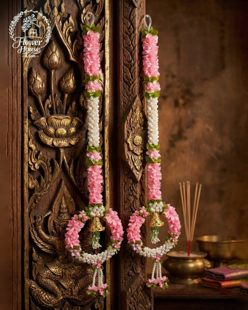 Pink & White Artificial Floral Door Hangings with Golden Bell (Set of 2)